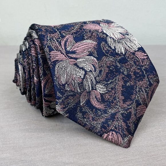 Camden Court Tie Mens Classic Woven Floral Necktie Dress Accessory Pink Navy - Picture 1 of 6